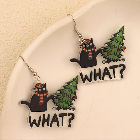 Black Cat & Christmas Tree Cartoon Earrings