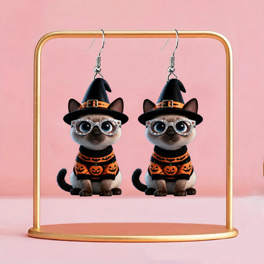 Siamese Cat With Rhinestone Glasses Halloween Earrings