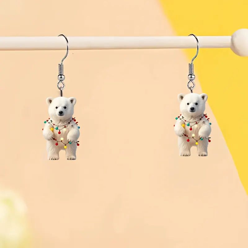Christmas Cute White Bear Earrings with Colorful Lights