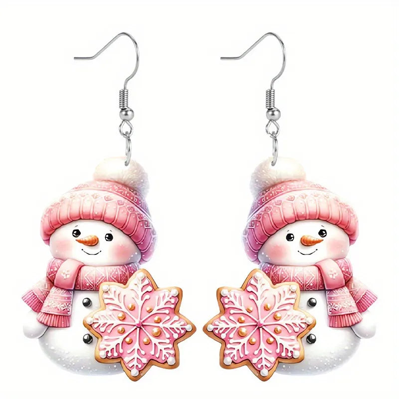 Pink Christmas Snowman Earrings