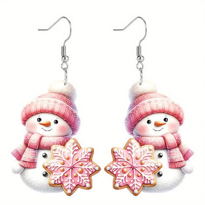 Pink Christmas Snowman Earrings