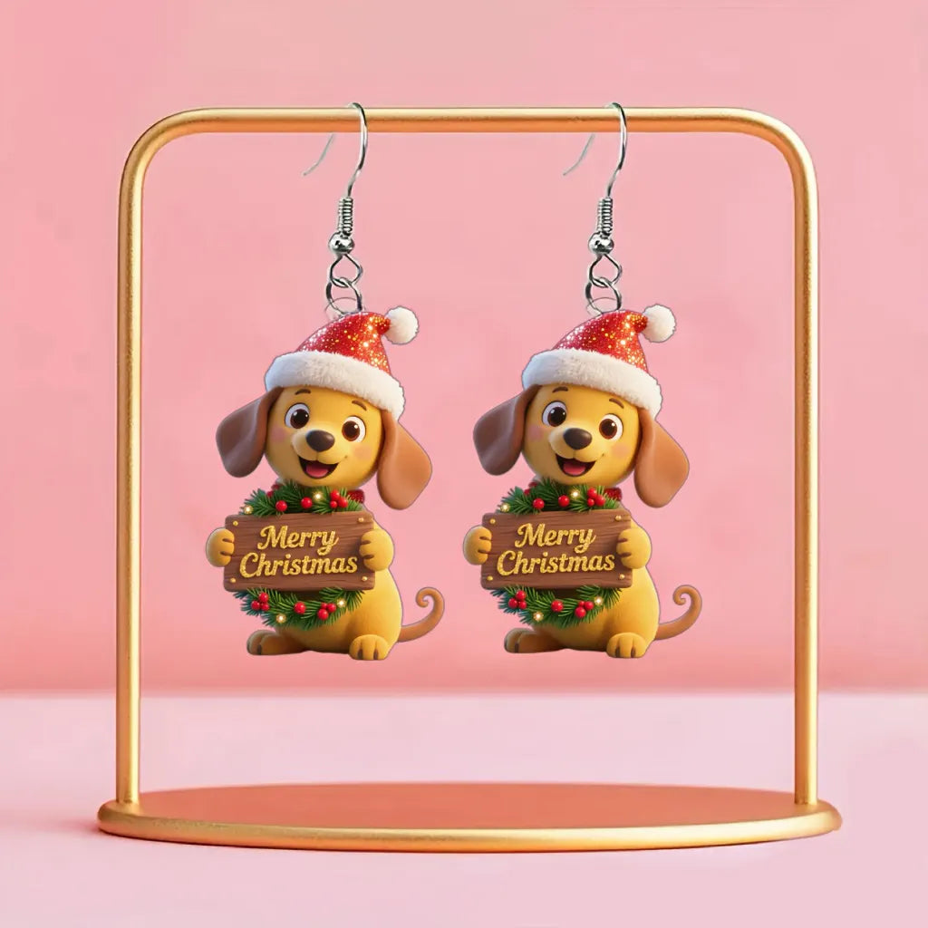 Christmas Cute Dog With Merry Christmas  Earrings