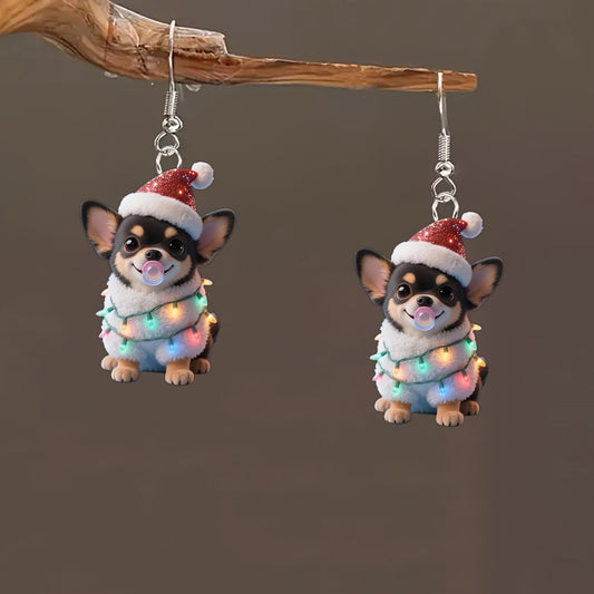 Christmas Cute Chihuahua Dog Earringswith Santa Hat & Twinkling-like -like Design