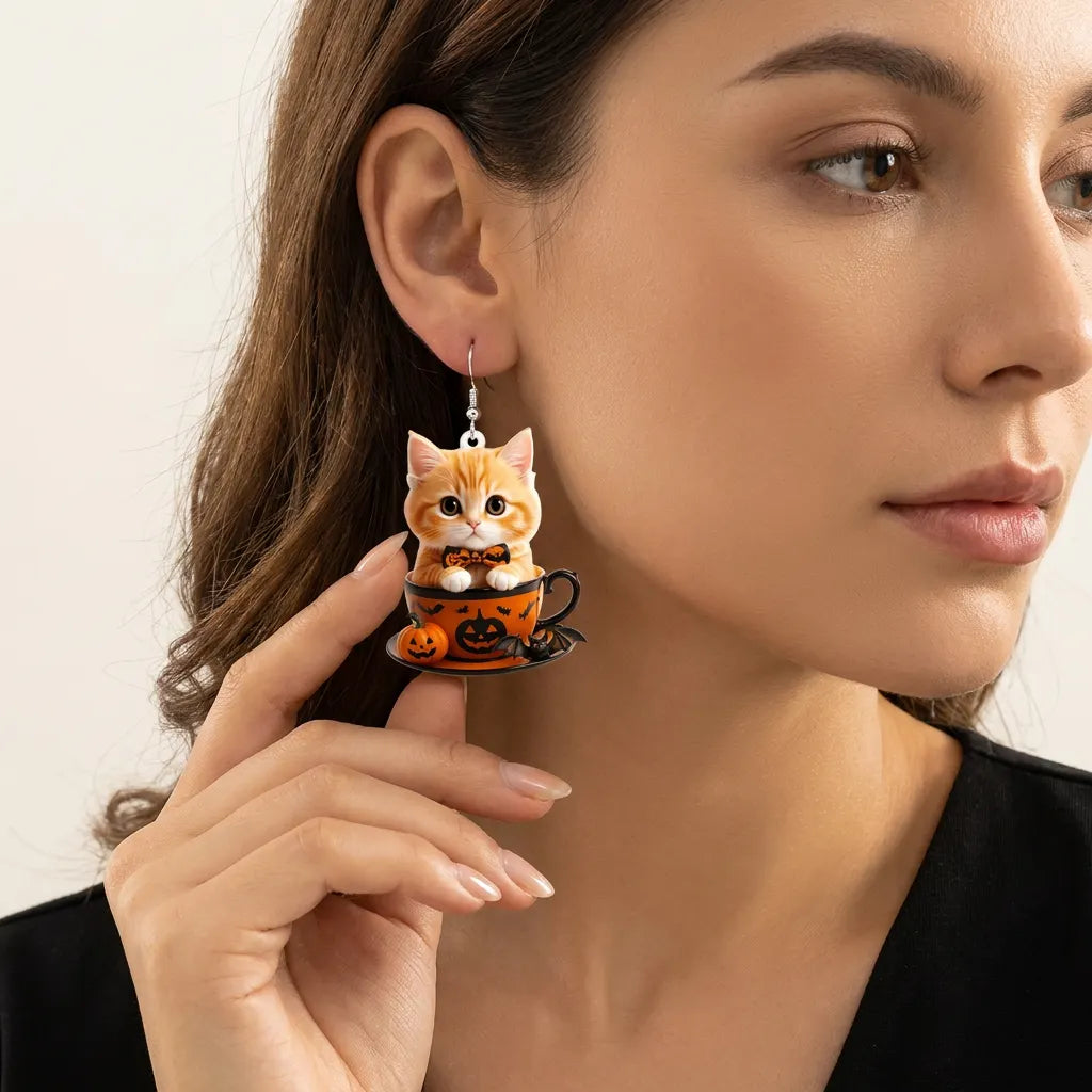 Halloween Teacup Orange Cat Dangle Earrings