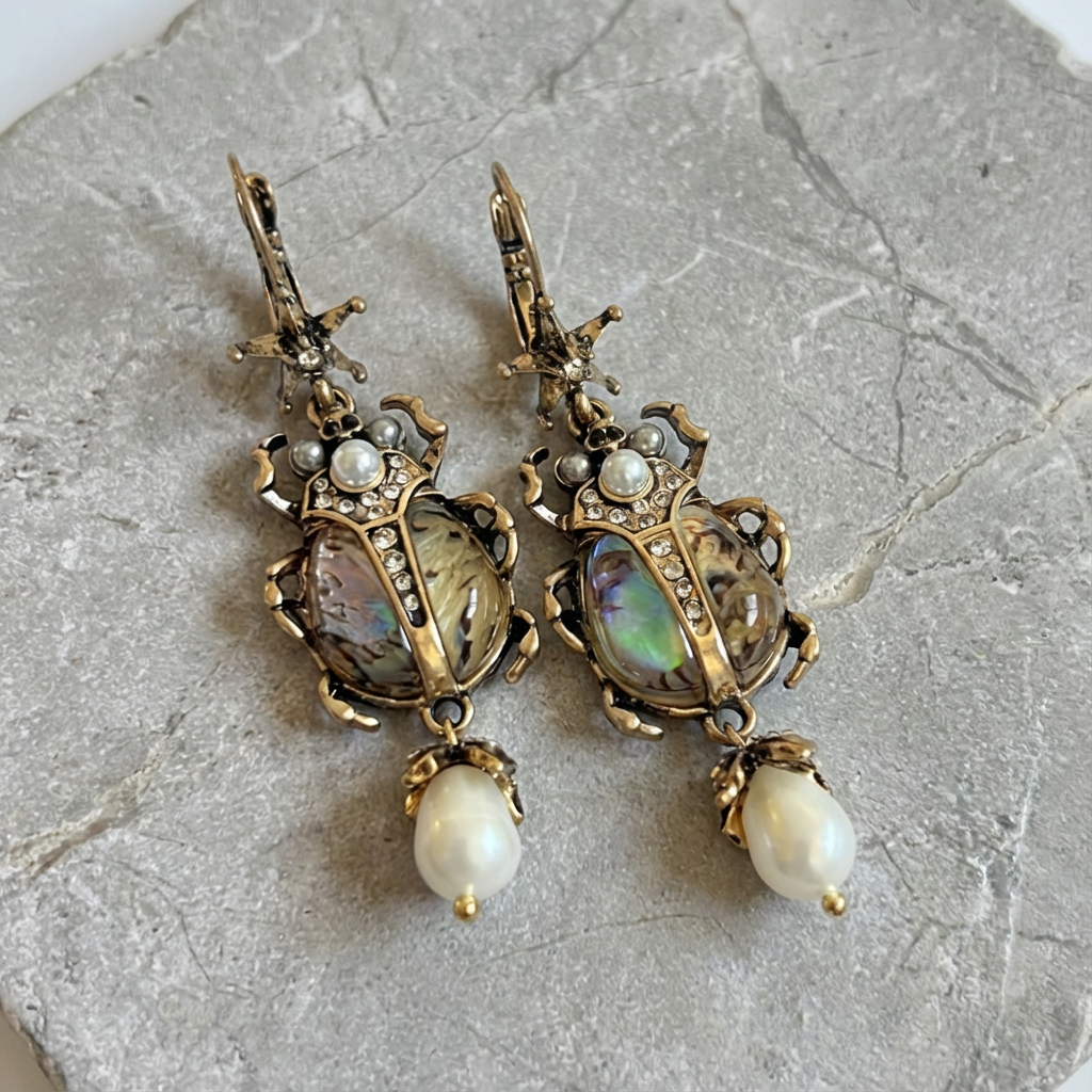 Vintage Freshwater Pearl Insect Dangle Earrings
