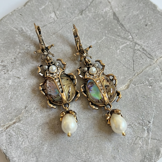 Vintage Freshwater Pearl Insect Dangle Earrings