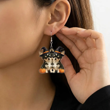 Twin Chihuahua Puppies Pumpkin Halloween Acrylic Drop Earrings