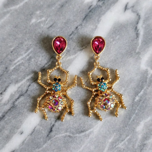 Vintage Colorful Crystal Spider Drop Earrings