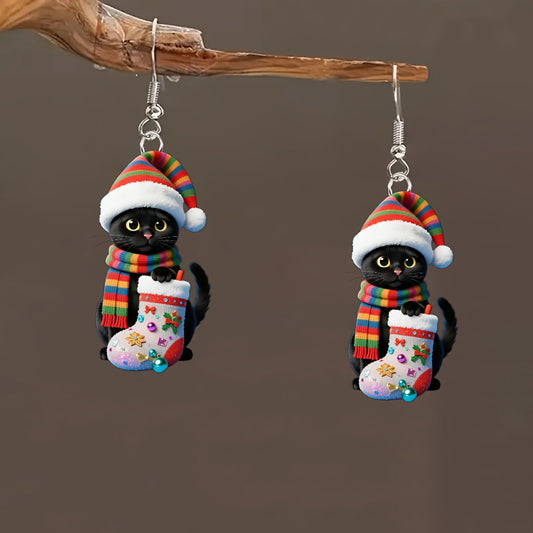 Christmas Black Kitten Striped Christmas Hat Earrings
