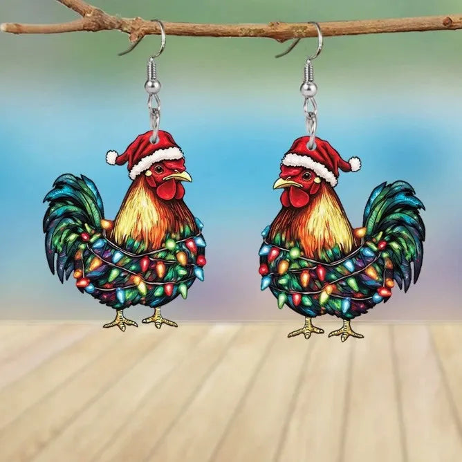 Christmas Colorful Light String Rooster Earrings