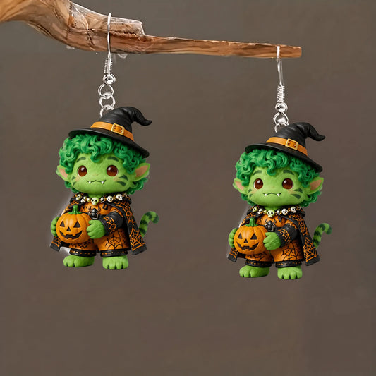 Cute Green Monster Cat Witch Cape Skull Spider Pumpkin Halloween Earrings