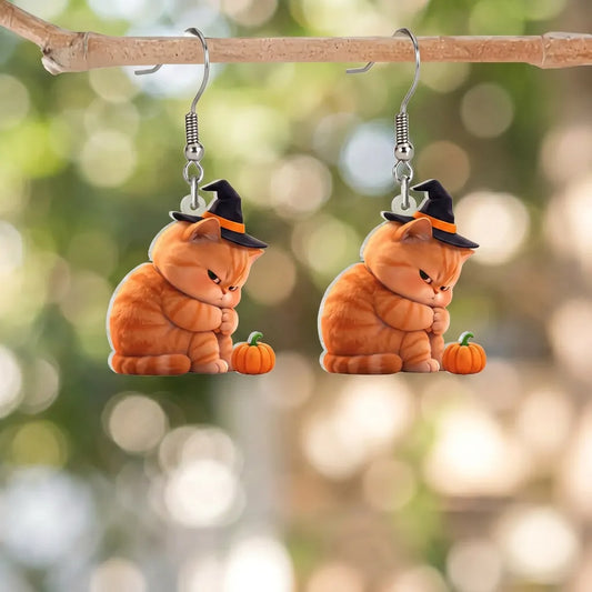 Grumpy Orange Tabby Witch Cat With Mini Pumpkin Halloween Earrings