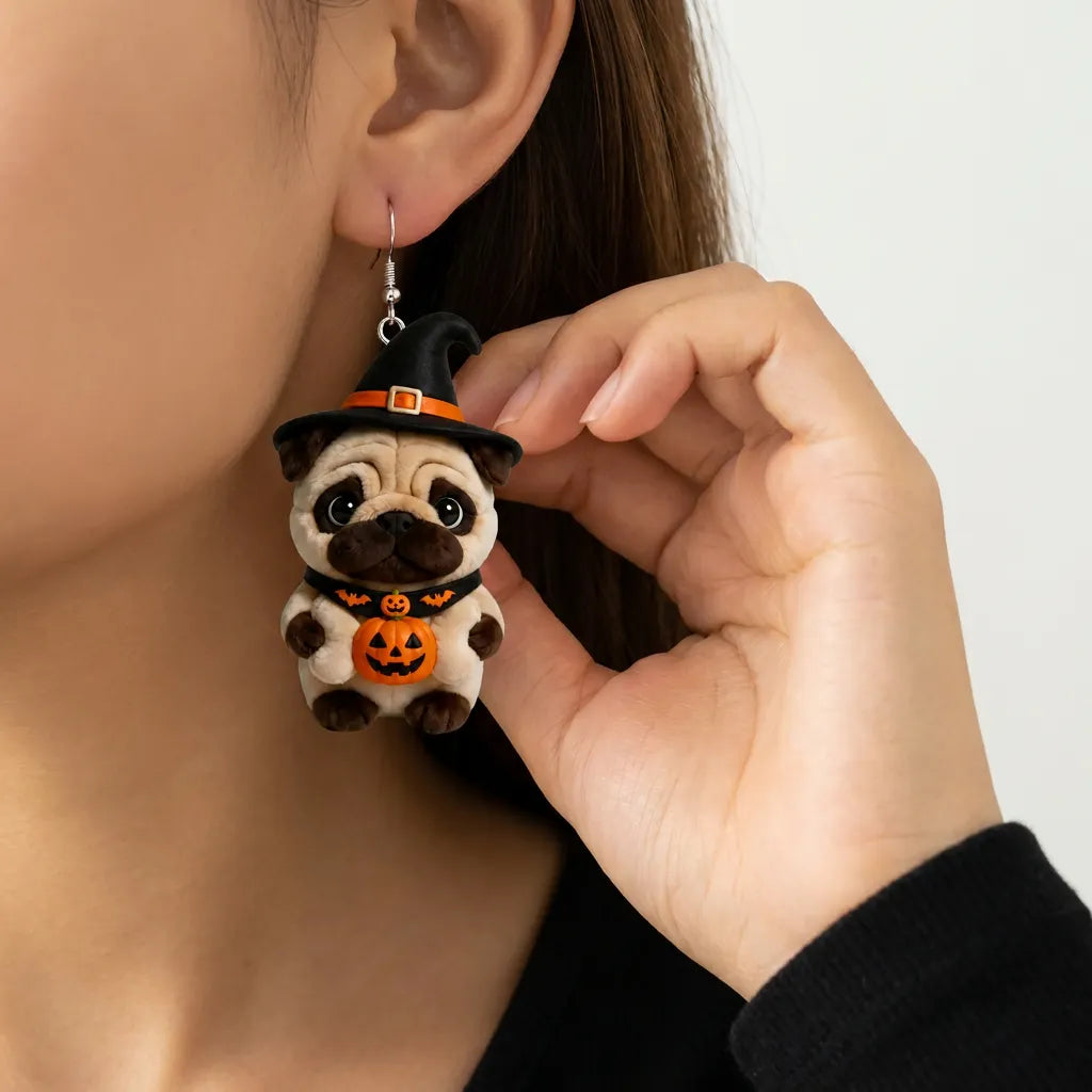 Halloween Pug Dog Witch Dangle Earrings