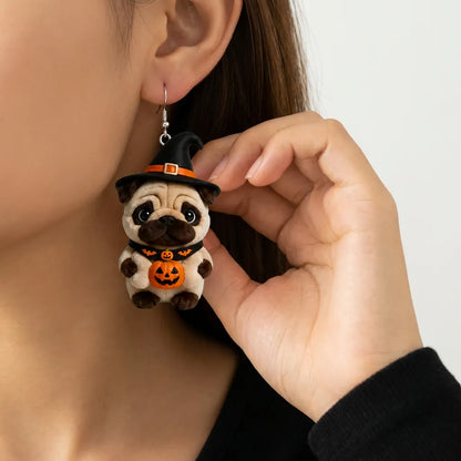 Halloween Pug Dog Witch Dangle Earrings