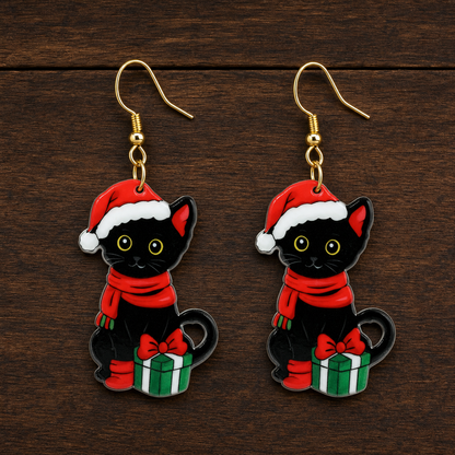 Vintage Christmas Black Cat Drop Earrings