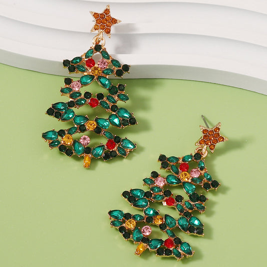 Christmas Tree Alloy Colored Diamond Earrings