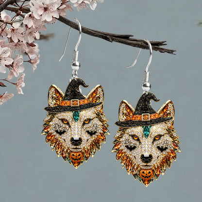 Sparkly Rhinestone Wolf Head Witch Hat Bat Pumpkin Halloween Earrings