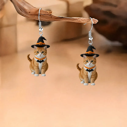 Halloween Witch Orange Tabby Cat Bat Collar Dangle Earrings