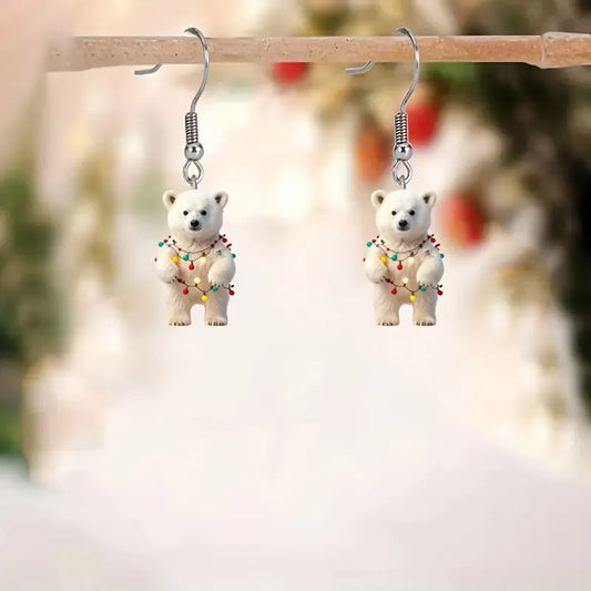 Christmas Cute White Bear Earrings with Colorful Lights