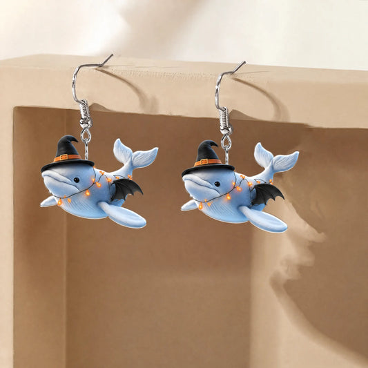 Blue Whale Witch Hat Bat Wings Halloween Earrings