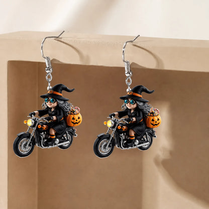 Halloween Biker Witch Motorcycle Dangle Earrings
