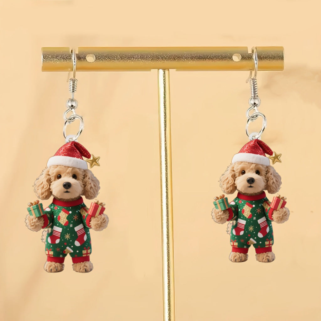 Christmas Cute Puppy Dog Handing Gift Earrings