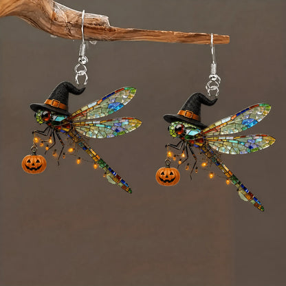 Dragonfly Witch Hat Pumpkin String Lights Halloween Earrings