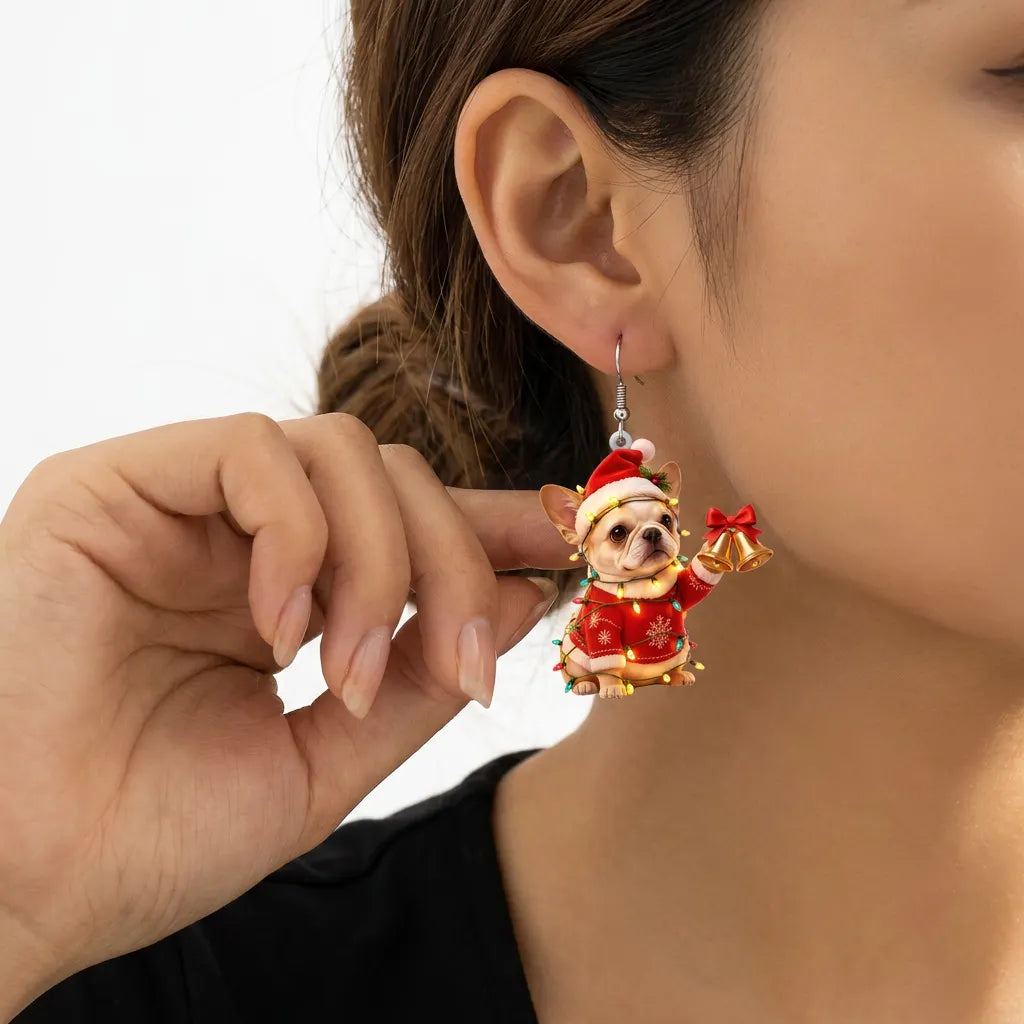 French Bulldog Christmas Bells Dangle Earrings