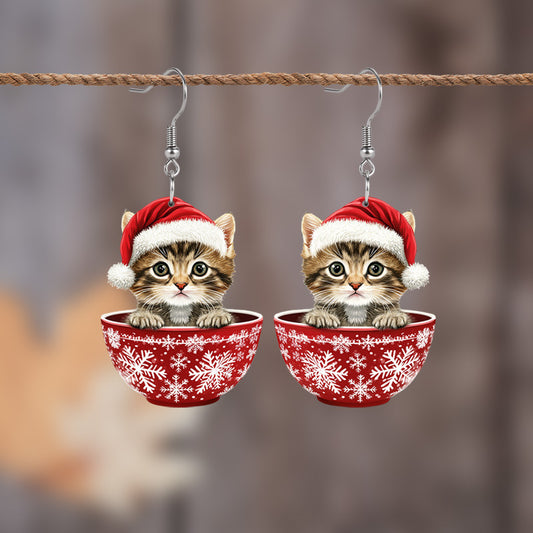 Christmas Cat Snowflake Pendant Earrings