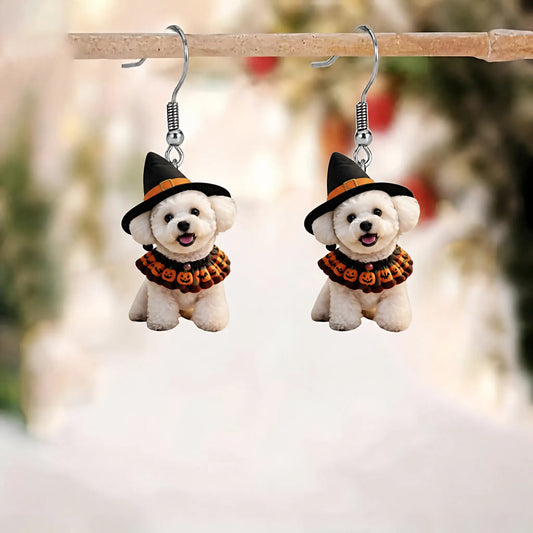Halloween Witch Bichon Puppy Earrings