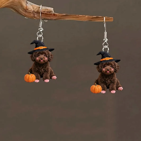 Brown Poodle Puppy Witch Hat Mini Pumpkin Halloween Earrings