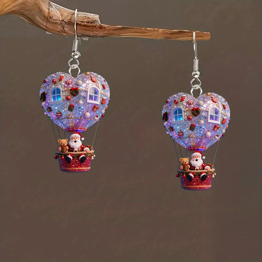 Christmas Santa Claus in Hot Air Balloon Design Earrings