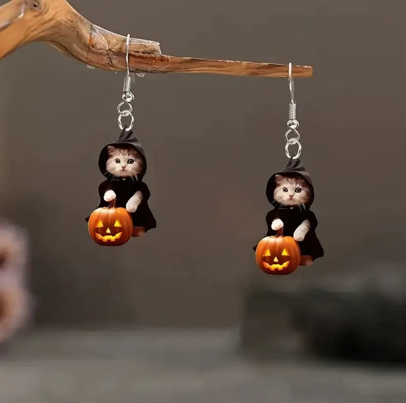Vintage Witch Cat Pumpkin Dangle Earrings