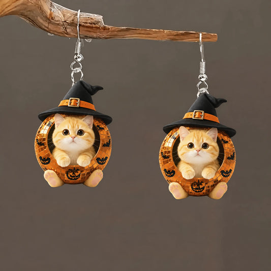 Orange Disco Ball Witch Hat With Ginger Cat Inside Halloween Earrings