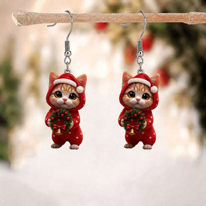 Orange Cat in Santa Outfit Christmas Dangle Earrings