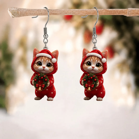 Orange Cat in Santa Outfit Christmas Dangle Earrings