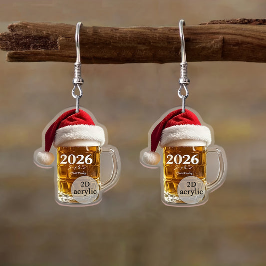2026 Beer Champagne Glass Earrings with Christmas Hat Design