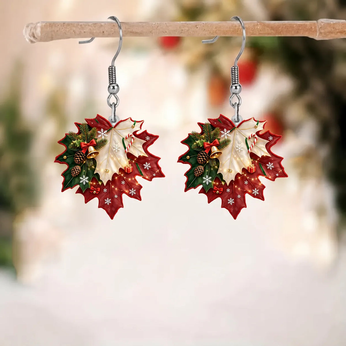 Christmas Maple Leaf Festive Dangle Earrings