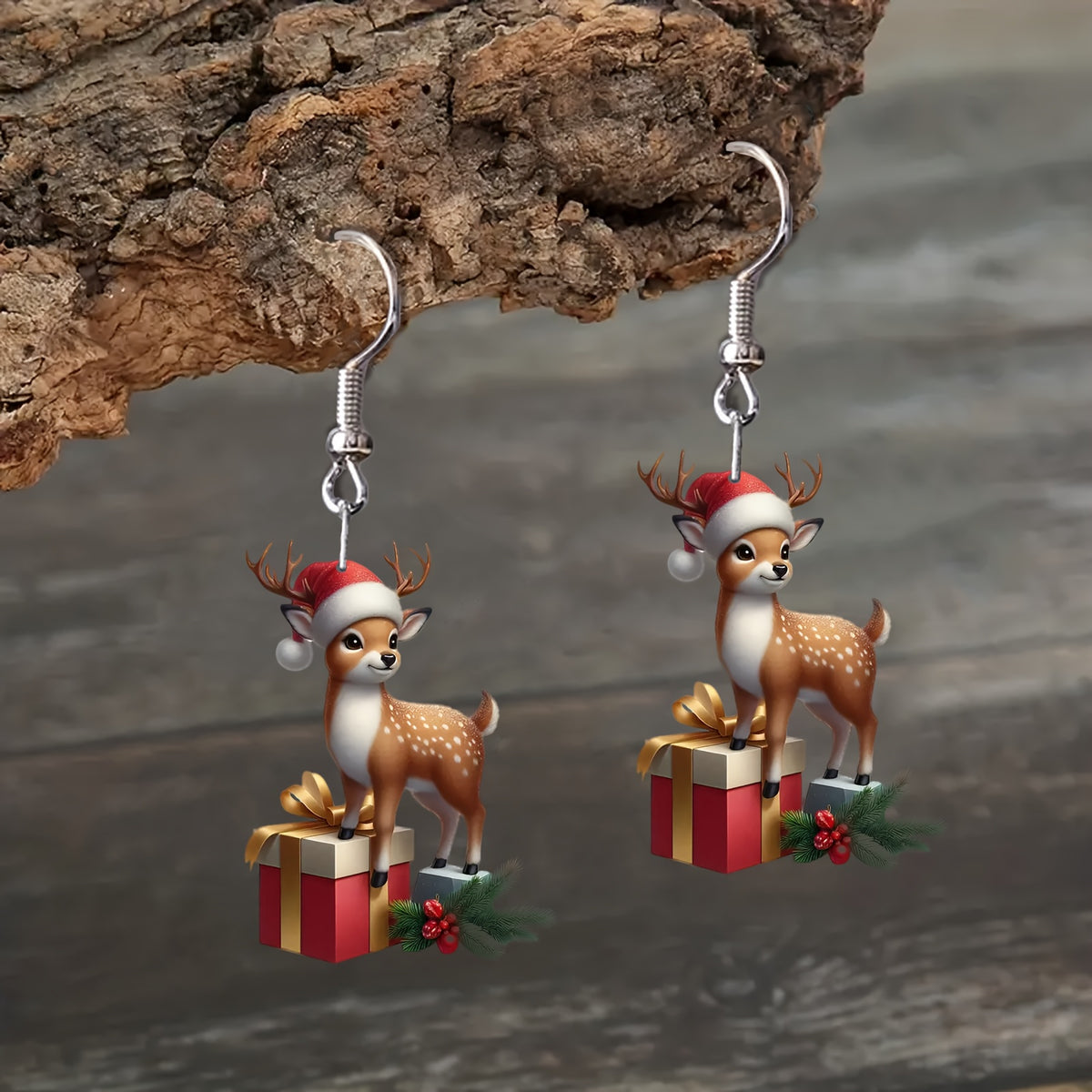 Christmas Elegant Santa Hat & Gift Box Design with Deer Earrings