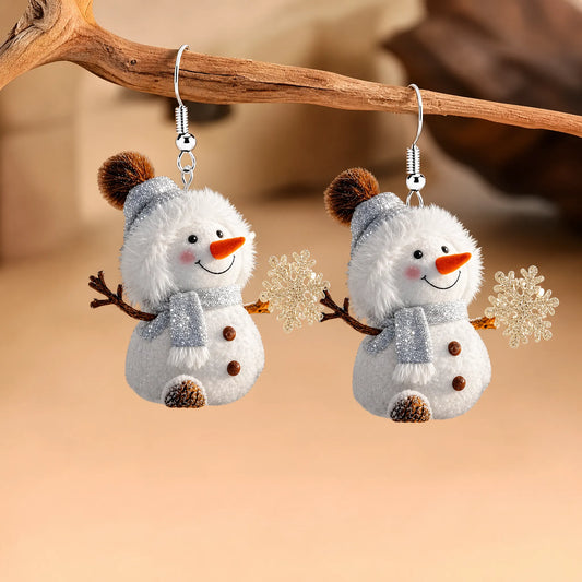 Furry Snowman With Snowflake Christmas Dangle Earrings