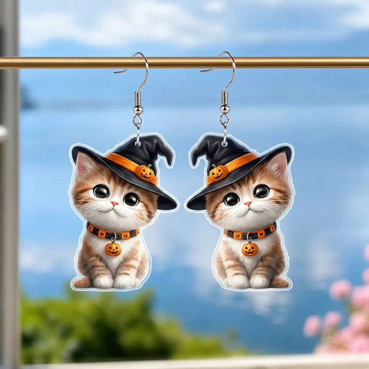Halloween Witch Orange Tabby Cat Pumpkin Collar Acrylic Earrings