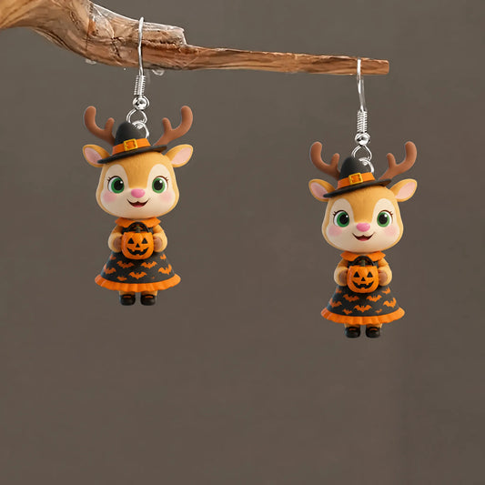 Deer Witch Dress Holding Jack O Lantern Halloween Earrings