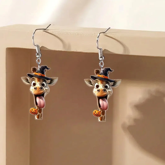 Funny Tongue Out Witch Giraffe Head Pumpkin Halloween Earrings