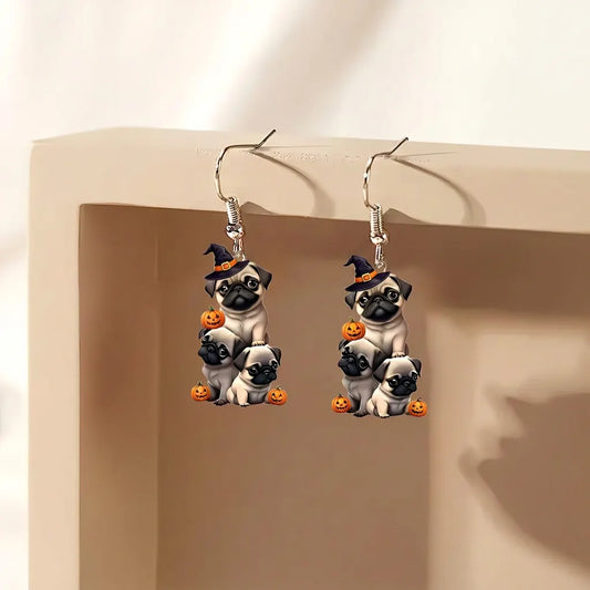Stacked Pug Dogs With Pumpkin Witch Hat Halloween Acrylic Earrings