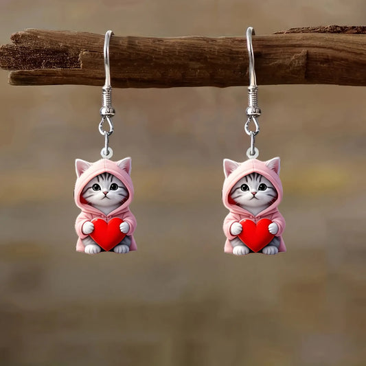 Cute Pink Love Cat Versatile AcrylicPendant Earrings