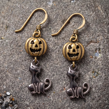 Vintage Pumpkin Black Cat Dangle Earrings