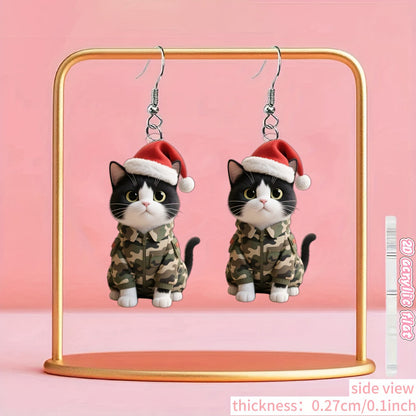 Christmas Wearing Camouflage Clothing Cat with Santa Hats Earrings