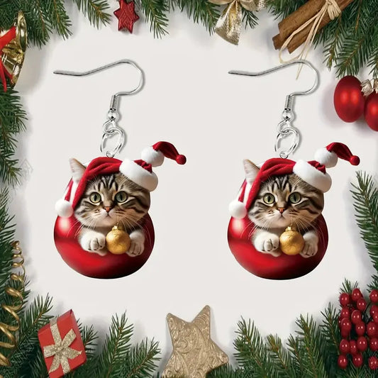 Christmas Kitten Cute Acrylic Earrings