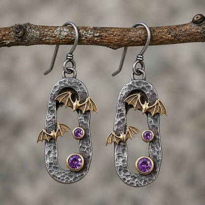 Vintage Hammered Oval Bat Amethyst Dangle Earrings