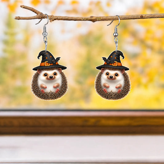 Cute Hedgehog Witch Hat Bat Halloween Acrylic Earrings